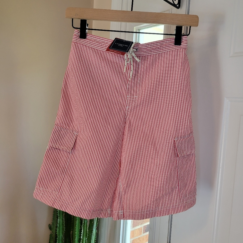NWT Lands' End Pin Striped Three‎ Pocket Double Drawstring Swimsuit, Size 10-12